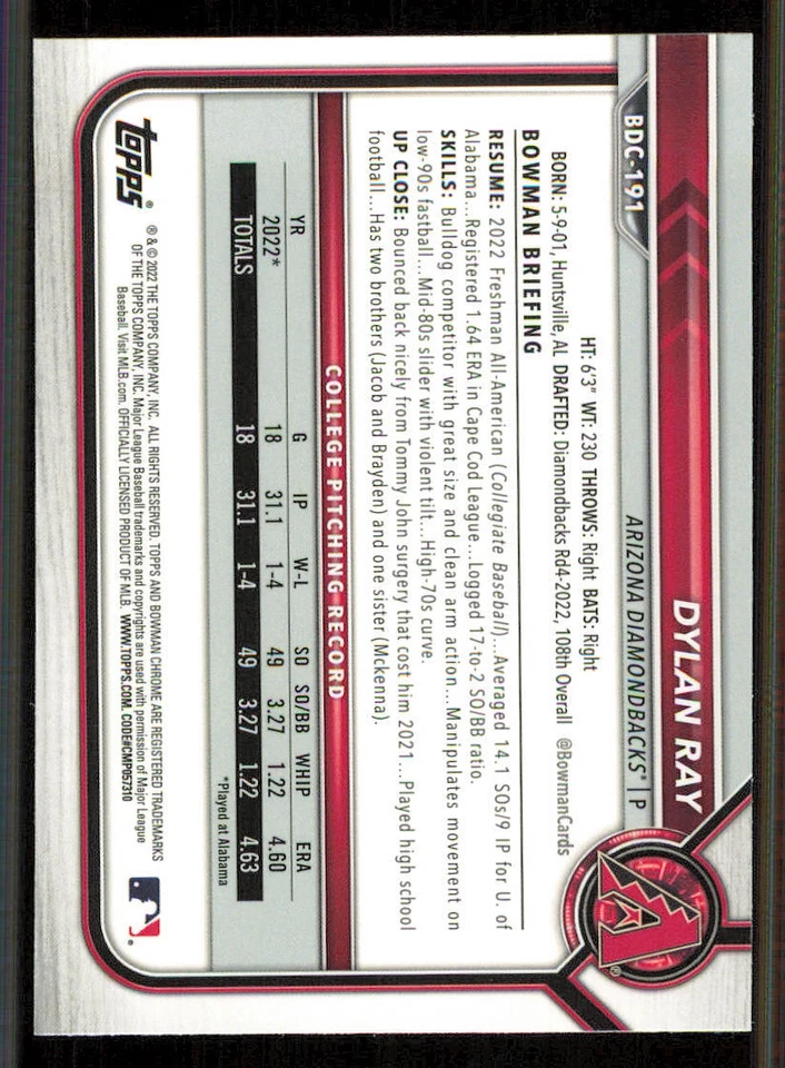 2022 Bowman Chrome Draft #BDC191 Dylan Ray - Image 2 of 2