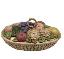 1974 Vtg Covered Dish Lid Ceramic Handmade Woven Bowl Fruit Grapes 11” X 5.5”