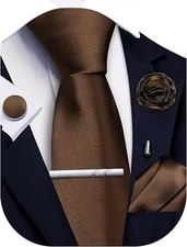 Brown Ties for Men Silk Satin Necktie and Pocket Square Cufflinks Tie Clip La...