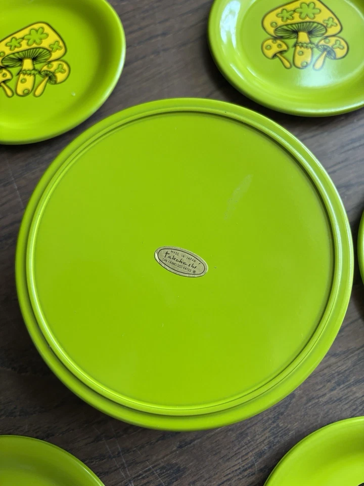 Set of 6 Green & Yellow Groovy Mushroom Coasters + Holder by Takahashi w Sticker - Image 2 of 4