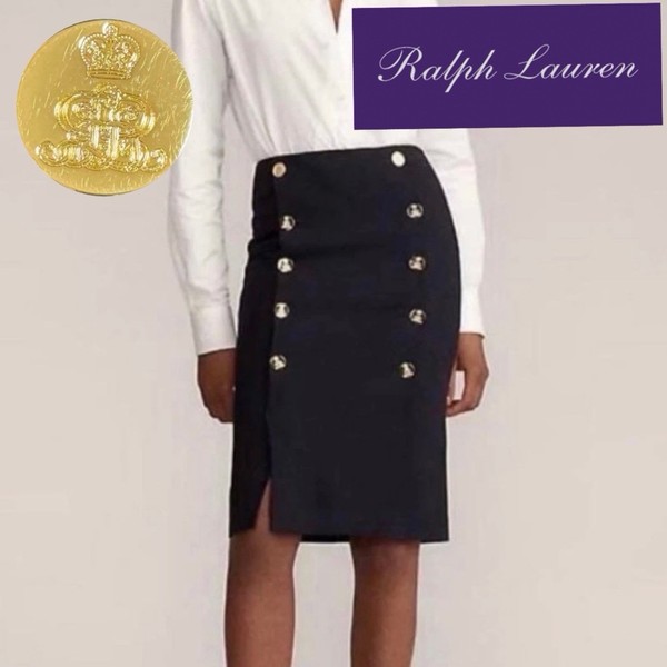 Ralph Lauren Purple Label USA Made Stretch Wool Gold Button Pencil Skirt Navy 0