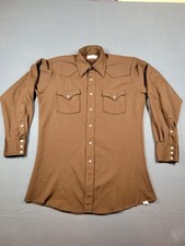 VTG H Bar C Shirt Men's 16-33 Long Tail Brown Ranch Wear Snap Up Shirt Cowboy