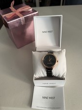 Nine West Women's Dress Wristwatch Black Dial Rose Gold Case Metal Bracelet Ana