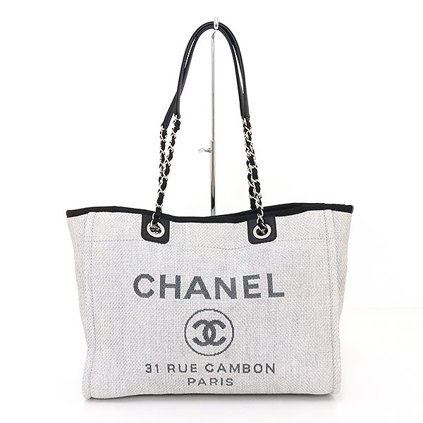 Chanel Deauville MM Straw and Leather Tote Bag in Gray Black