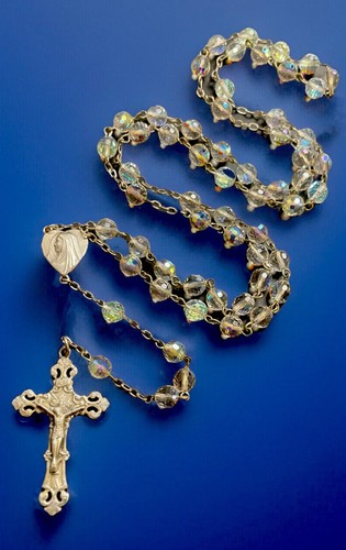 Catholic Sterling Silver & AB Iridescent Faceted Crystal Rosary - Picture 2 of 6