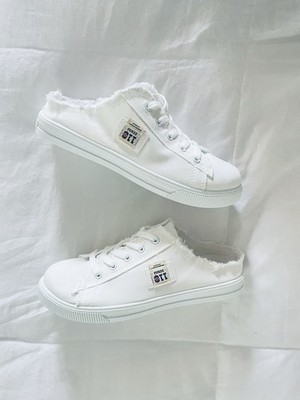 QZUnique Women's Canvas Sneakers Slip-On Mule Backless Low Top White w Lace Up