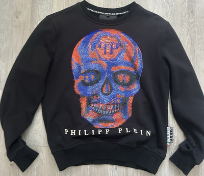 Philipp Plein Herren Pullover L Schwarz Druckgrafik Logo Rundhals Langarm
