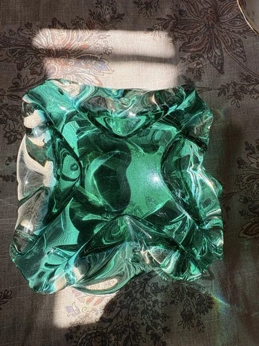 Murano Style Green Art Glass Ashtray Bowl Mid Century Folded Catchall Dish Decor