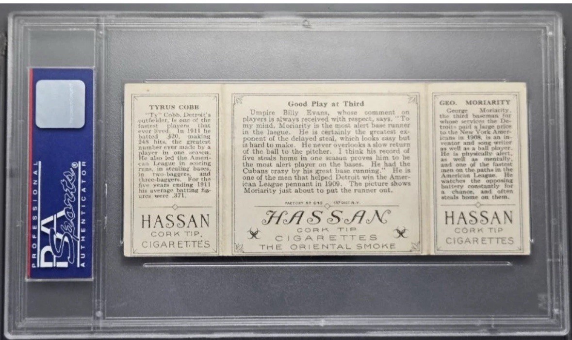 1912 T202 HASSAN TRIPLE FOLDER T. COBB/G. MORIARTY GOOD PLAY AT THIRD PSA VG 3 view 2