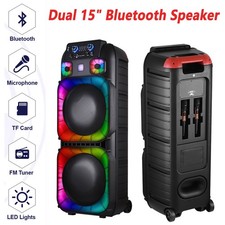 Bluetooth Speaker Dual 15" Subwoofer Heavy Bass Sound System w/Mic Lights Party