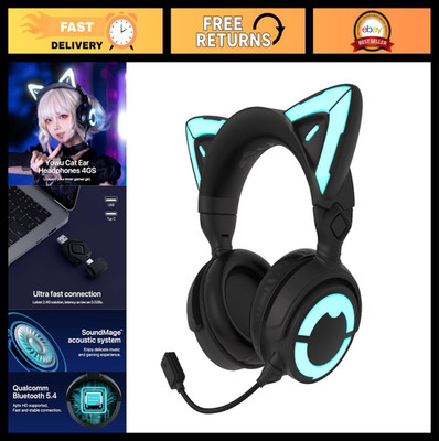 RGB Cat Ear Gaming Headset with Mic - Wired/Wireless Bluetooth, USB Dongle for P
