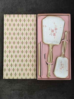 Vintage 3-Pc Dresser Vanity Set Hand Mirror Brush Comb Gold Floral Design In Box