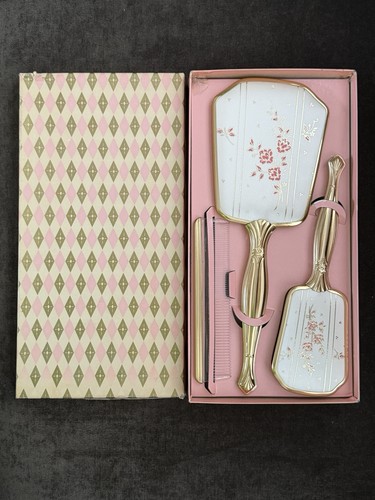 Vintage 3-Pc Dresser Vanity Set Hand Mirror Brush Comb Gold Floral Design In Box