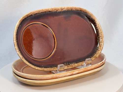 Lot of 3 Hull Pottery Snack Tray Plates Orange Gold Brown Drip Glaze Vintage USA - Picture 5 of 7