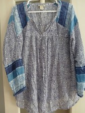 Lucky Brand Boho Womens Plus Size 1X Blue Floral Split Neck Longsleeve Blouse