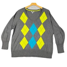 JCP Women's 1X Cashmere Blend Argyle Diamond Sweater Gray Blue Yellow Preppy