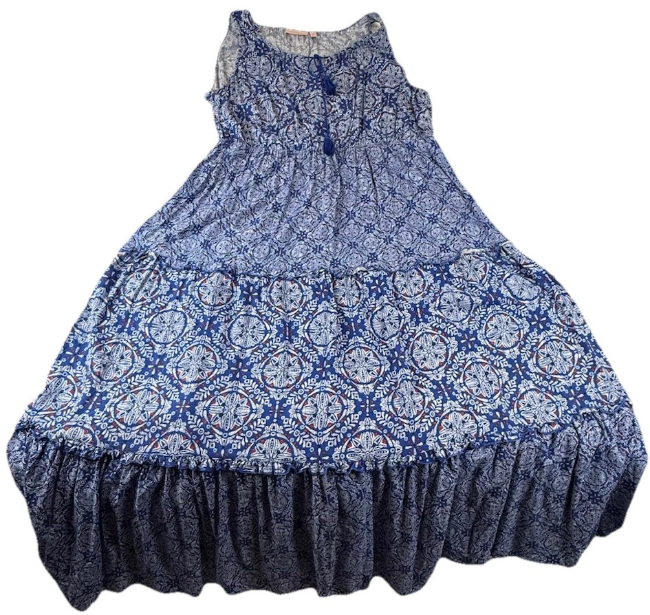 Maxi Vestido Mujer Plus Boho Azul Geométrico Talla 2X Borla en Niveles Foto 3 de 4