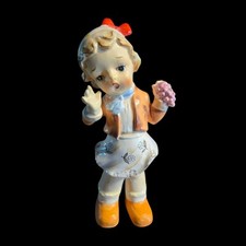 Vtg Ceramic 8.5" Girl Figurine Holding Grapes Red Bow Ucago Japan Statue MCM 