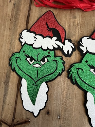 Set Of 2 Glitter Grinch Face Paper Decorations 4 1/4 in x 7 1/2 in Christmas - Picture 3 of 5