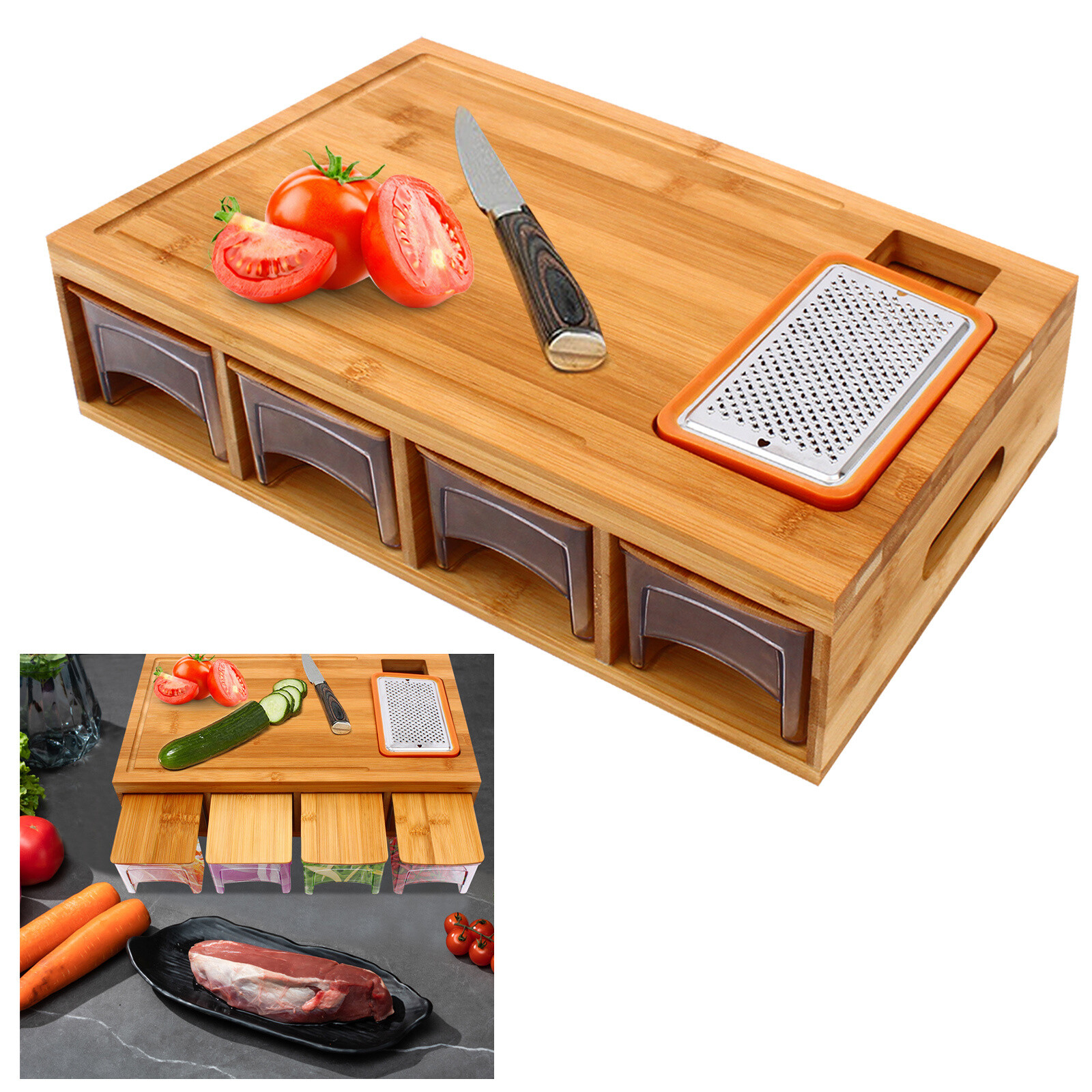 Bamboo Cutting Board With 4 Drawers Food Storage Container Chopping