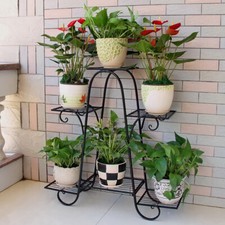 Heavy Duty Metal Plant Stand W/ 3 Layers 6 Flower Pots Shelf Display Rack Black