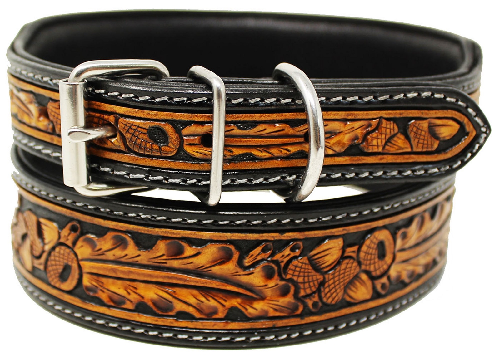 Amish USA Heavy Duty Padded Leather Tooled Accorn Dog Collar Puppy