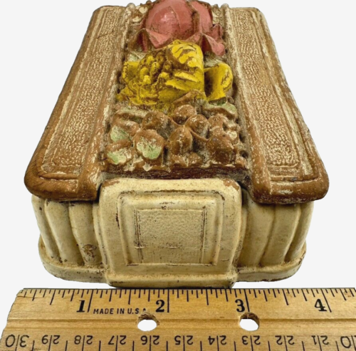 Antique 1930s Syroco Wood Trinket Box, Card Holder Flowers on Top Made NY USA - Picture 7 of 7