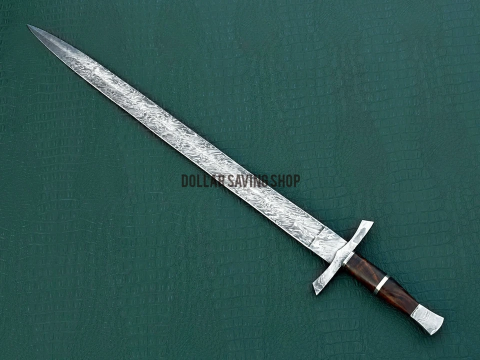 Hand Forged Medieval Knight Templar Damascus Steel Sword with Leather Cover - Image 2 of 4