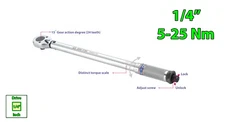 1/4" Adjustable Torque Wrench (Newton Meter & Kilogram) 5-25 Nm KING TONY 280mm
