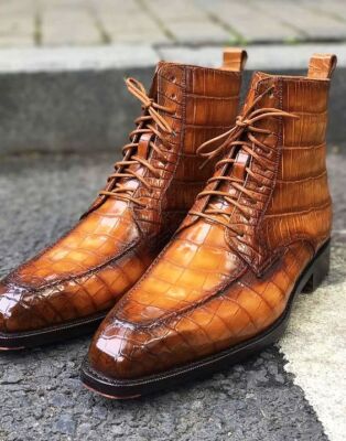 Handmade men tan brown crocodile ankle boots, lace up formal dress boots for men