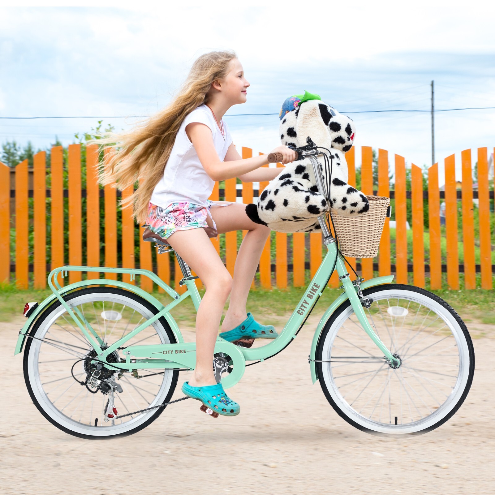 22 Inch 7 Speed City Cruiser Bike With Basket Steel Frame Girls Bicycle Green