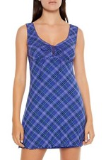 Forever 21 Women's Lace-Up Plaid Mini Tank Dress Dark Blue Size Medium