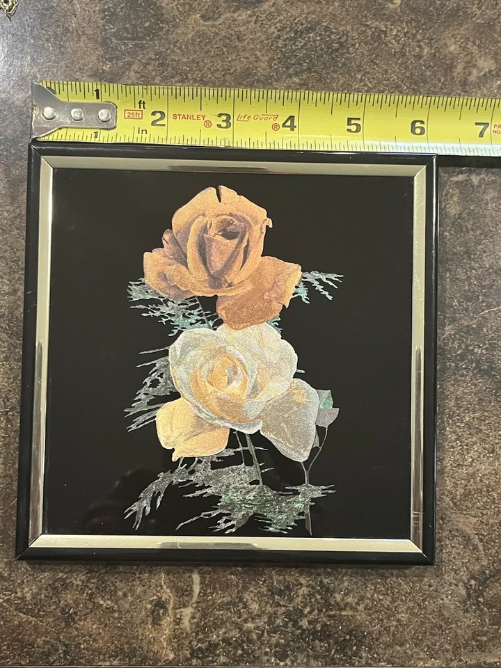 Vintage Kafka Screened HAND ETCHED Glass 6" Picture ROSES numbered USA - Image 2 of 4