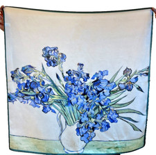 27"x27"Blue Irises Print Pure Mulberry Satin Silk 12momme Scarf 68x68cm5-61