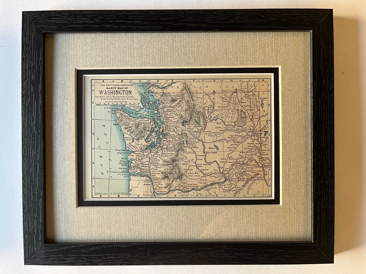 1898 WASHINGTON State Map w/Indian Reservations, Framed w/Dbl Mat