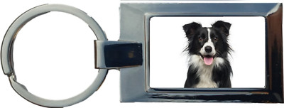 Collie Hund schwarz Luxus rechteckig geformter Metall-Schlüsselring in einer Geschenkbox