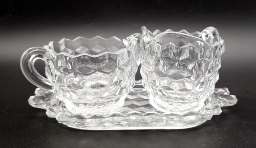 Vintage Fostoria American Optic Cubist Pattern Cream Open Sugar Set Under Tray