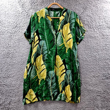 Foil Womens Shift Dress Size 8 Green Yellow Black Leaf Print Short Sleeve