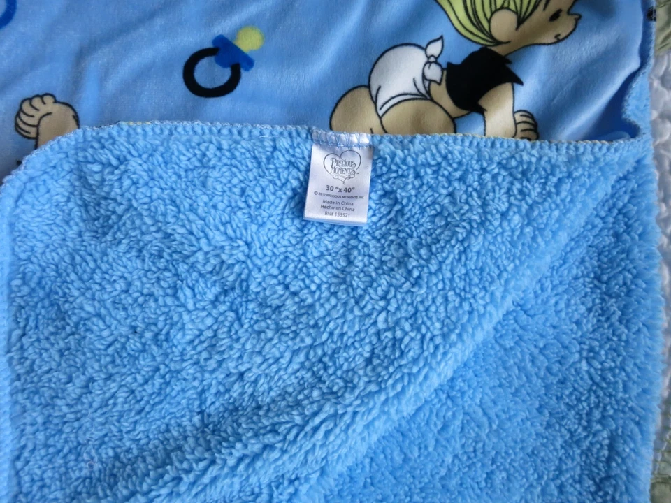 Precious Moments Baby Boy Blanket Rattle Pacifier w Sherpa Backing Blanket EUC - Изображение 2 из 4