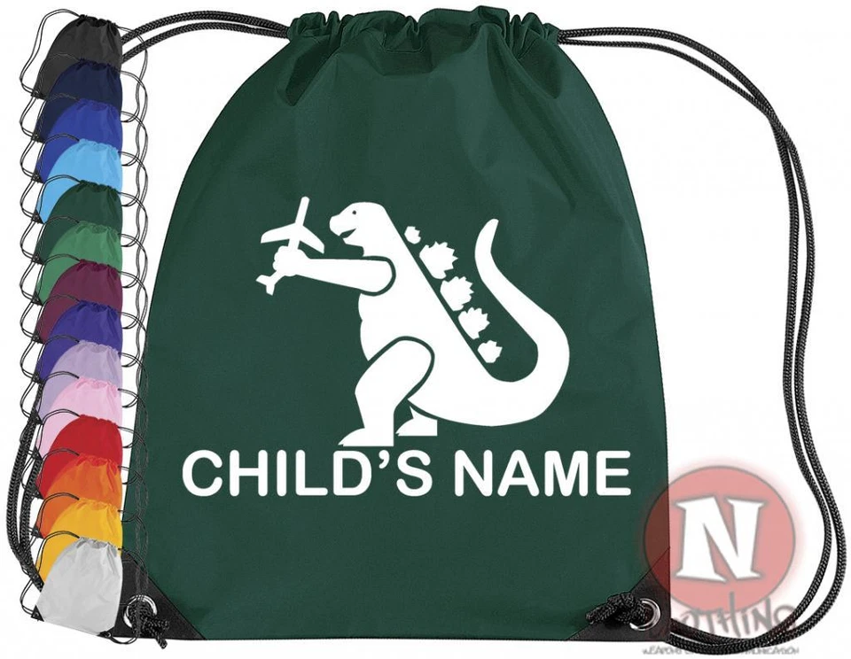 NAUGHTEES CLOTHING Personalisierte Dinosaurier Sport Kit Tasche. Kordelzug PE Schule - Kindernamen hinzufügen