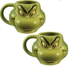 NWT Lot 2 Grinch 3D Sculptured Figural Mugs 18 oz, Bioworld Dr Seuss Christmas