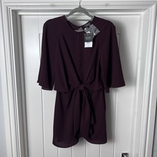 Topshop Dress Women's UK 4 Burgundy Tie front Short Sleeved Short Petite Party