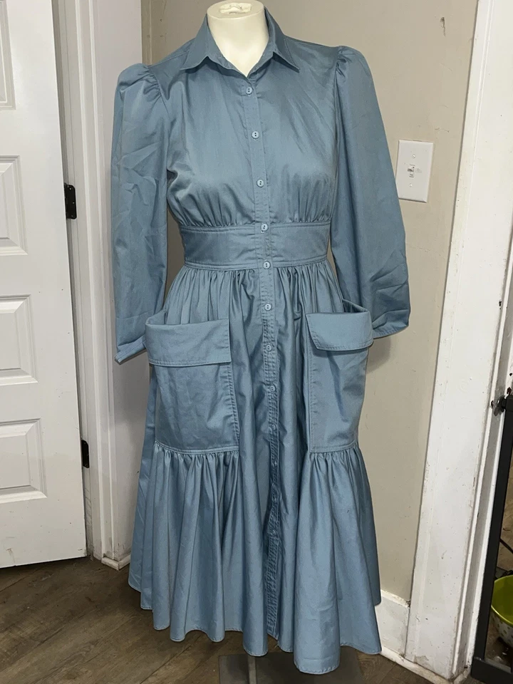 VINTAGE 1970's N.R.1 NED GOULD BLUE COTTON SHIRT DRESS WITH LARGE POCKETS SMALL - Image 2 of 4