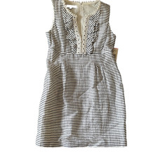 Vintage Nine West Dress 10 Grey Ivory Striped Linen Ruffle NWT