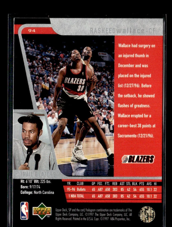 1996-97 SP Rasheed Wallace #94 - Image 2 of 2
