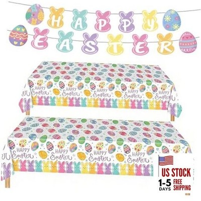2 Pack Disposable Plastic Easter Tablecloths with Happy Easter Paper Banner  