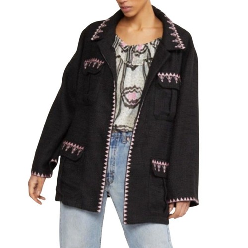 Cynthia Rowley Black Pink Tweed Embroidered Oversize Damen Utility Jacket XS NWT - Picture 1 of 15
