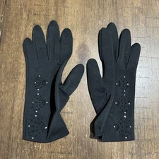 Vintage Black Cotton Formal 9” Gloves Below Wrist Length Beaded Accents VGC