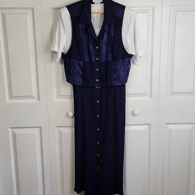 Vintage Lady Dorby Blue & White Maxi Dress Size XL Crochet Gold Buttons Floral