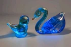 Set of 2 BLUE GLASS ART Bird Figurines - Bluebird of Happiness & Fenton Swan